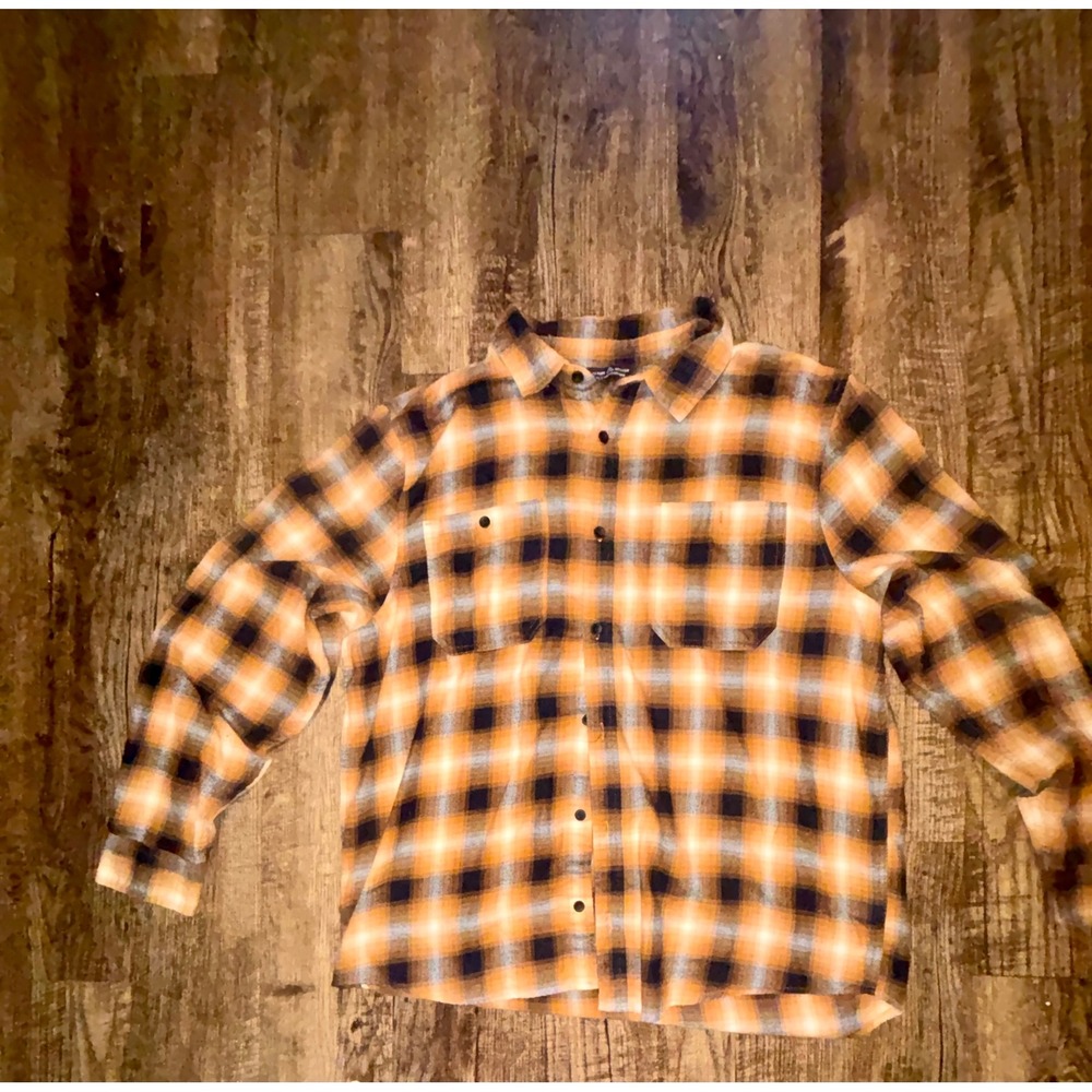 Alpine Design Mens XL Flannel Shirt Orange Navy Blue Plaid Long Sleeve Button Up